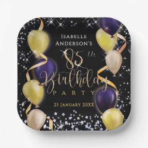 Glittering Balloons 85th Birthday Black Paper Plates