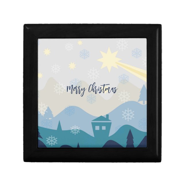 Glittering Blue Background with Christmas Tree Gift Box (Front)