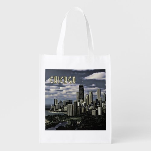 Glittering Chicago Skyline TEXT Chicago Reusable Grocery Bag