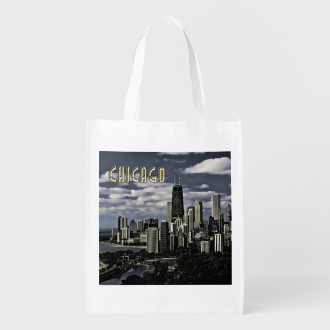 Glittering Chicago Skyline TEXT Chicago Reusable Grocery Bag (Front)
