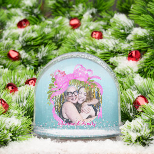 Glittering Christmas Pink Bow Photo Blue Snow Globe