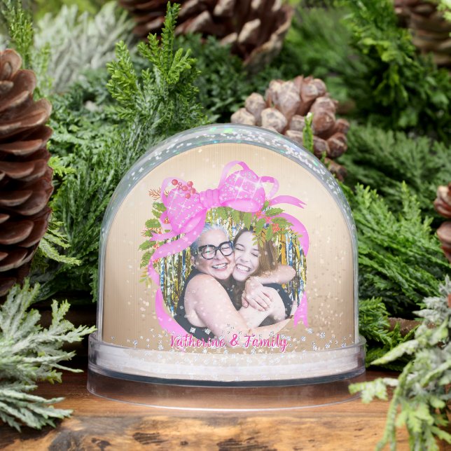 Glittering Christmas Pink Bow Photo Gold Snow Globe (Winter)