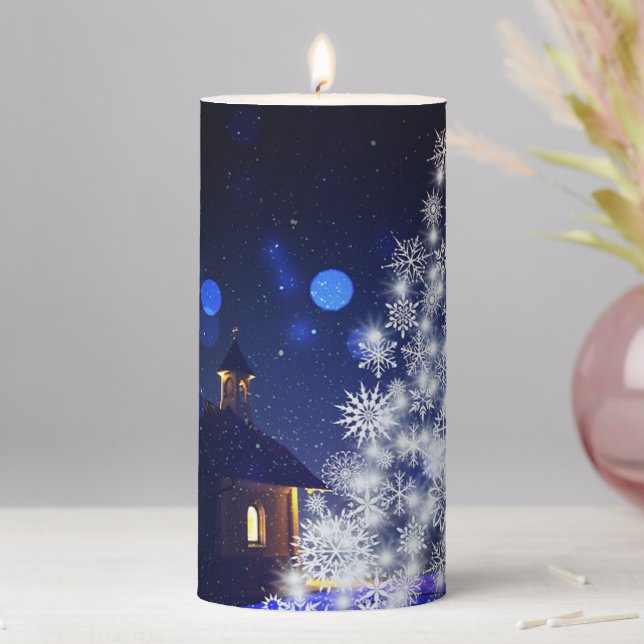  Glittering Christmas tree with Blue Background Pillar Candle (In Situ)