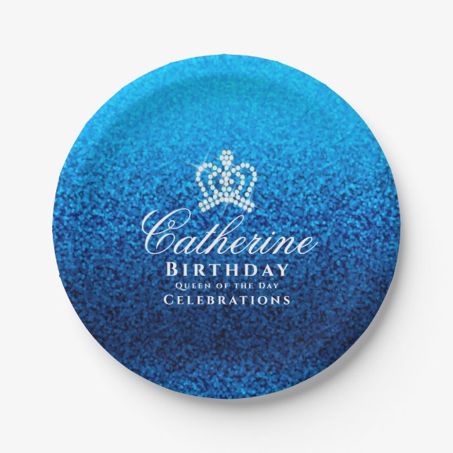 Glittering Crown Blue Paper Plates (Front)