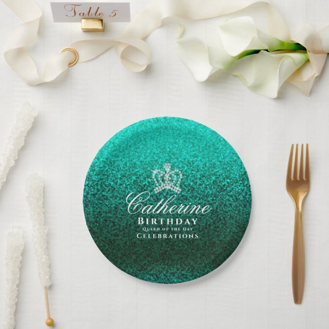 Glittering Crown Green  Paper Plates (Wedding)