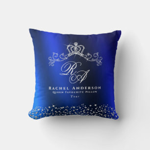 Glittering Crown Monogram Blue Throw Pillow