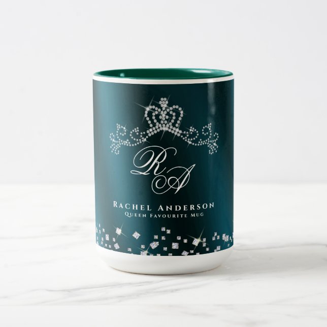 Glittering Crown Monogram Green Two-Tone Coffee Mug (Center)