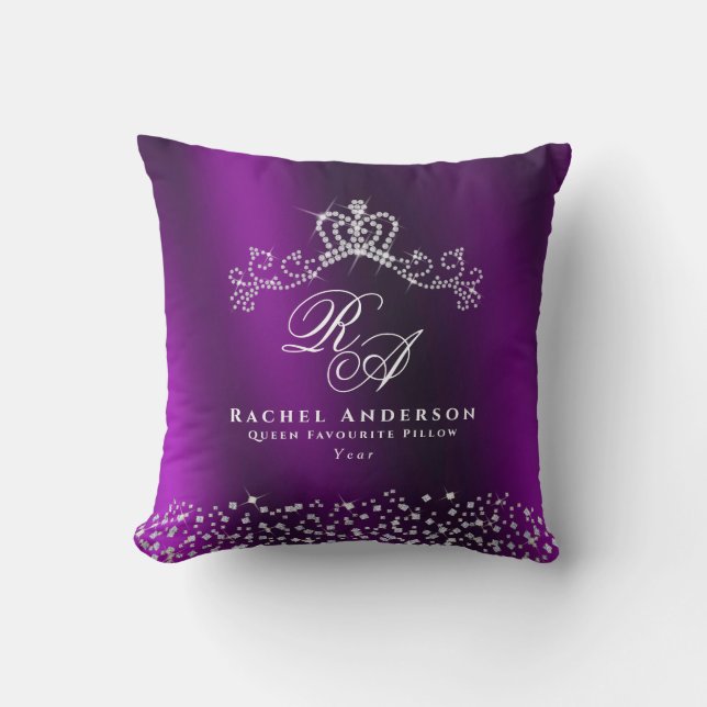 Glittering Crown Monogram Magenta Throw Pillow (Front)
