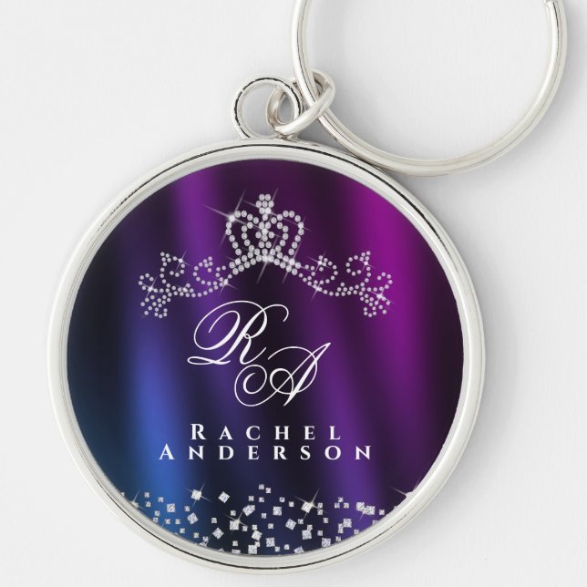 Glittering Crown Monogram Purple Blue Keychain (Front)