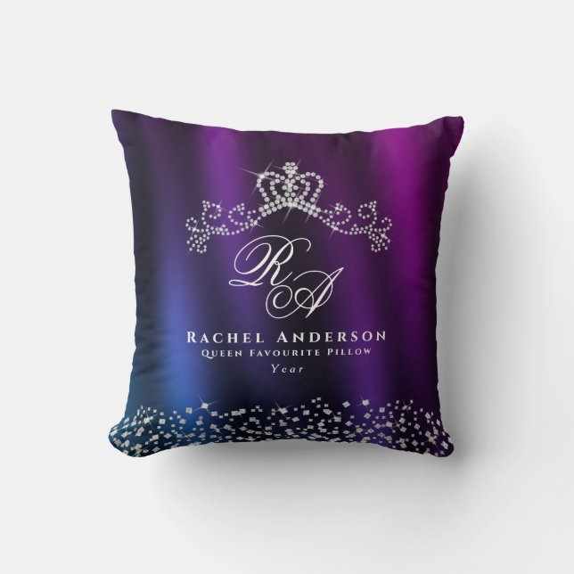 Glittering Crown Monogram Purple Blue Throw Pillow (Front)