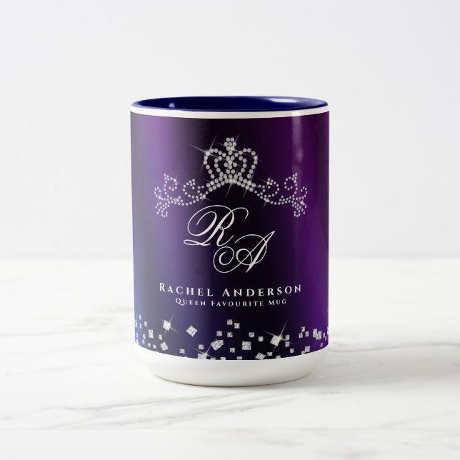 Glittering Crown Monogram Purple Blue Two-Tone Coffee Mug (Center)