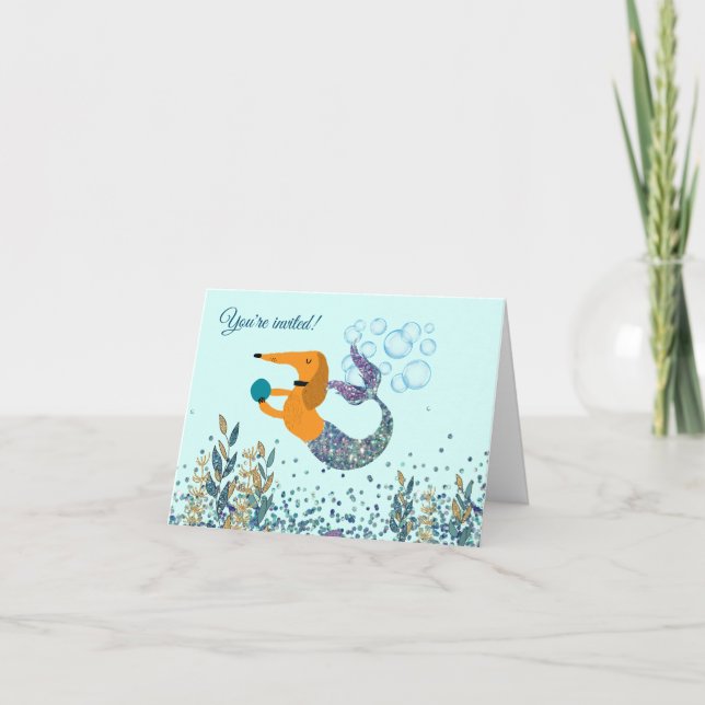Glittering Dachshund Mermaid Party Invitations (Front)