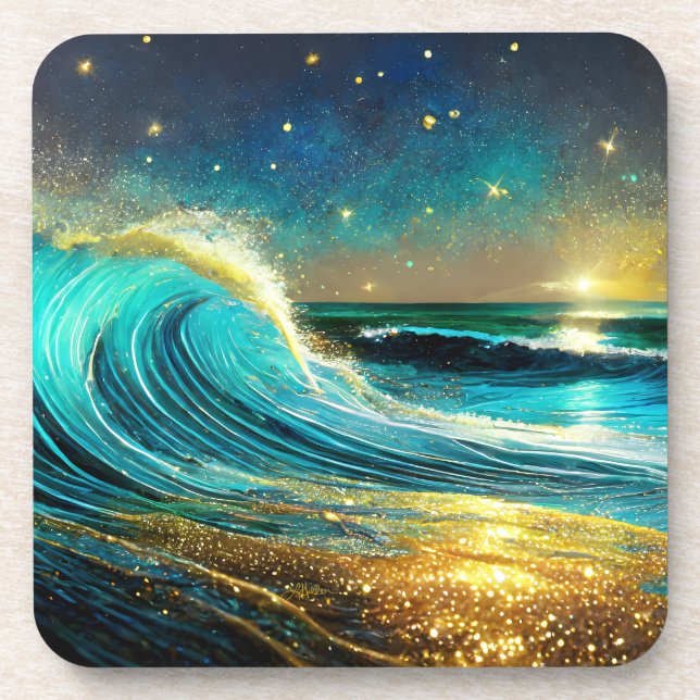 Glittering Divergent Ocean Waves Beverage Coaster (Front)