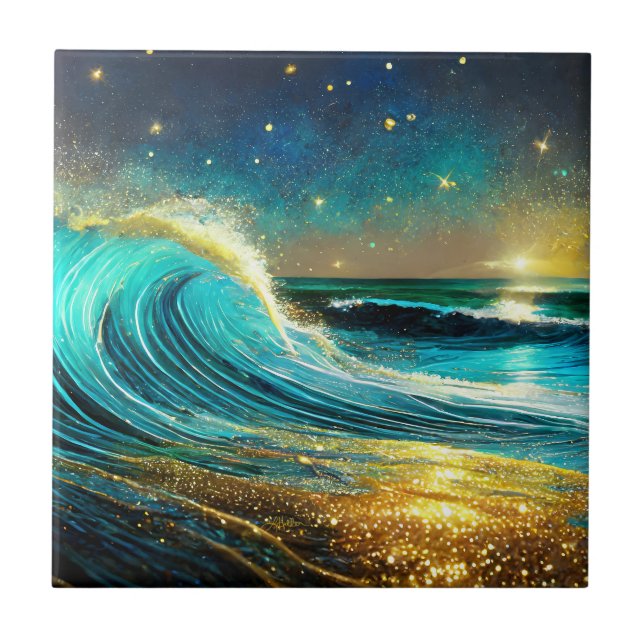 Glittering Divergent Ocean Waves Ceramic Tile (Front)
