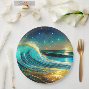 Glittering Divergent Ocean Waves Paper Plates