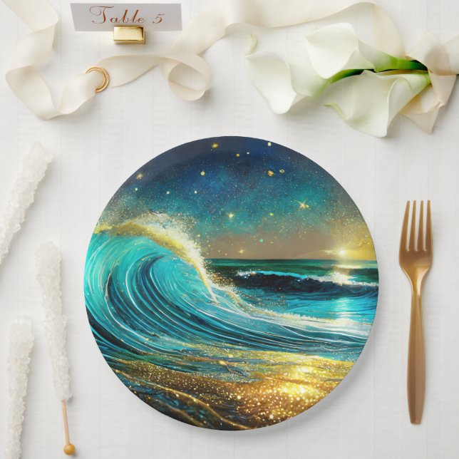 Glittering Divergent Ocean Waves Paper Plates (Wedding)
