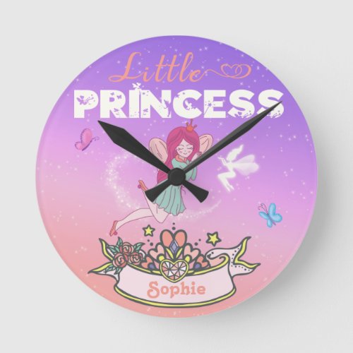 Glittering Fairy Princess Custom Name    Round Clock