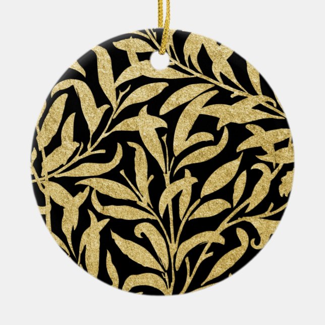 Glittering Gold and Black Leaf  Pattern Ceramic Ornament (Front)