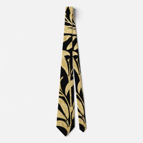 Glittering Gold and Black Leaf  Pattern Neck Tie
