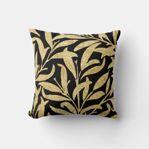 Glittering Gold and Black Leaf  Pattern Throw Pillow