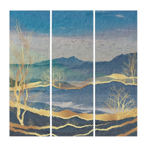 Glittering Gold  Blue Landscape Triptych