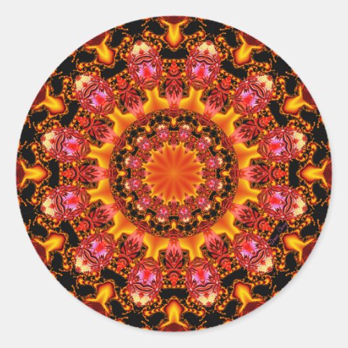 Glittering Gold Mandala, Abstract Red Orange Amber Classic Round Sticker