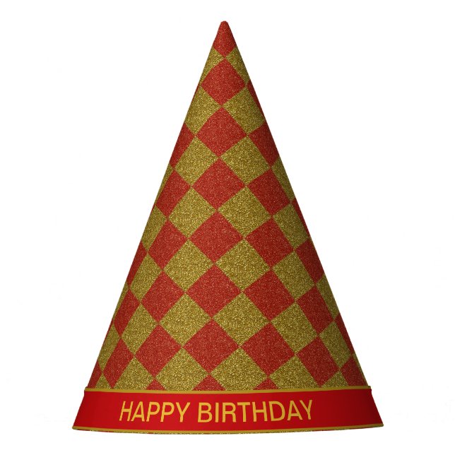 Glittering golden and red diamond pattern Birthday Party Hat (Front)