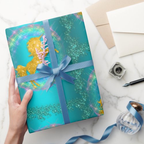 Glittering Golden Unicorns on Teal Wrapping Paper