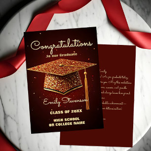 Glittering Graduation Cap  and Confetti on Red Card