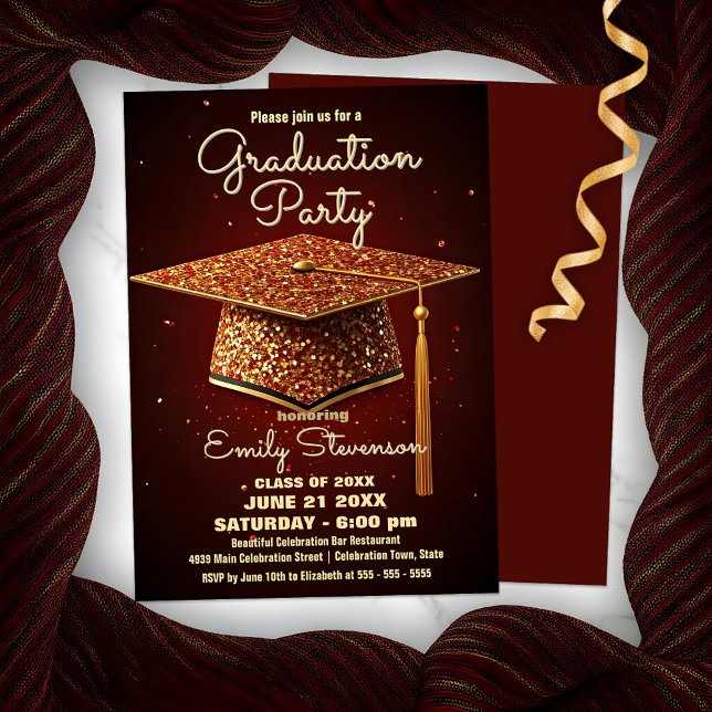 Glittering Graduation Cap & Red Sparkle Confetti  Invitation (Creator Uploaded)