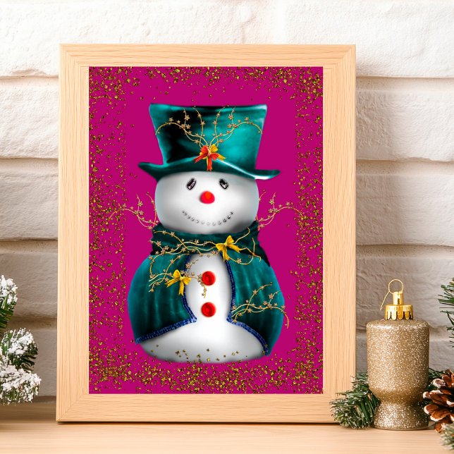 Glittering Green Velvet Snowman Pink Christmas Card (Glittering Green Velvet Snowman Pink Christmas Card by the Olde Christmas Shoppe)