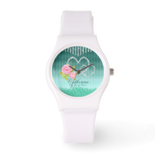 Glittering Hearts Floral Aqua Watch