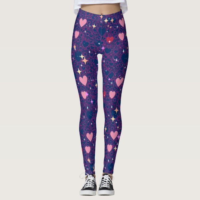 Glittering Hearts Pattern 01 DBlue BG Leggings (Front)