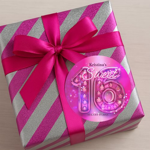 Glittering Hot Pink Jewel Sweet Sixteen  Classic Round Sticker