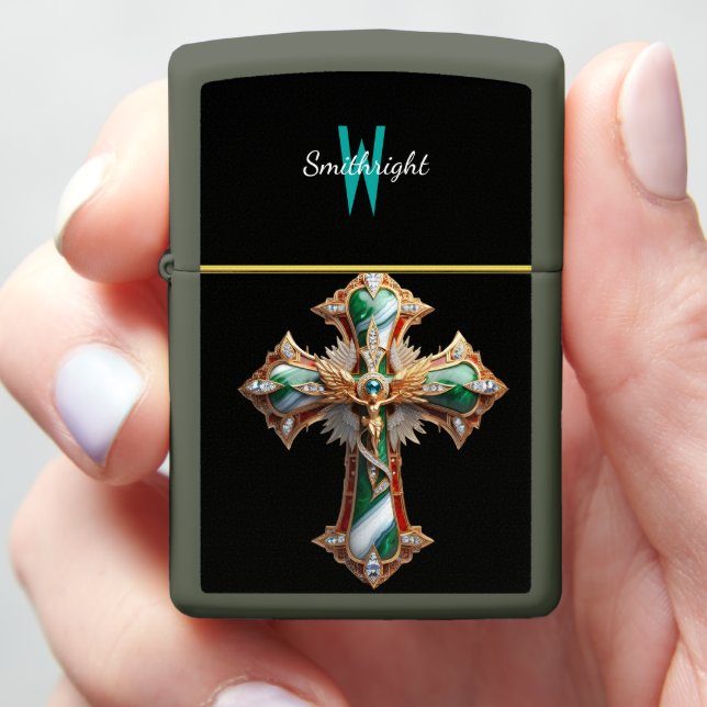 Glittering Jeweled Cross of Elegance Zippo Lighter (In Hand)