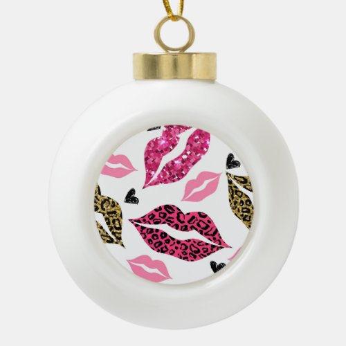 Glittering Lips Leopard Fashion Pattern Ceramic Ball Christmas Ornament