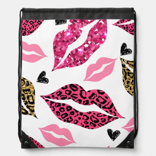 Glittering Lips Leopard Fashion Pattern Drawstring Bag