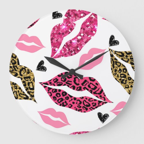 Glittering Lips Leopard Fashion Pattern Large Clock