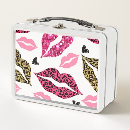 Glittering Lips Leopard Fashion Pattern Metal Lunch Box