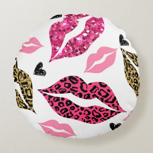 Glittering Lips Leopard Fashion Pattern Round Pillow