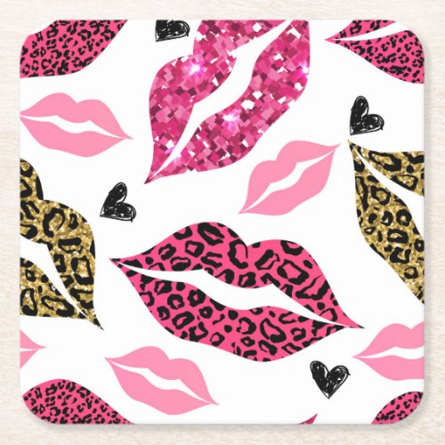 Glittering Lips Leopard Fashion Pattern Square Paper Coaster