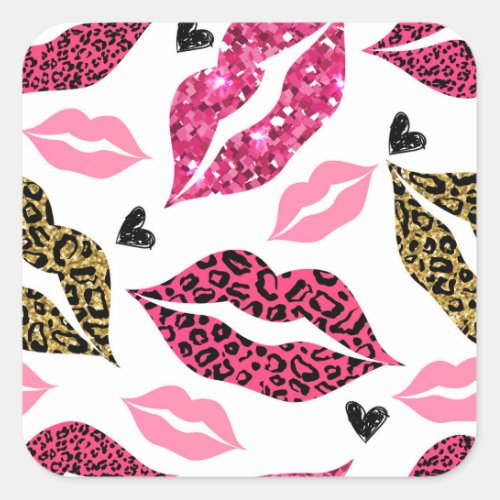 Glittering Lips Leopard Fashion Pattern Square Sticker
