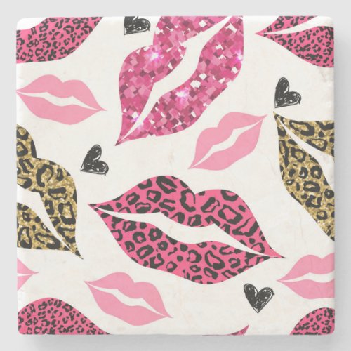 Glittering Lips Leopard Fashion Pattern Stone Coaster