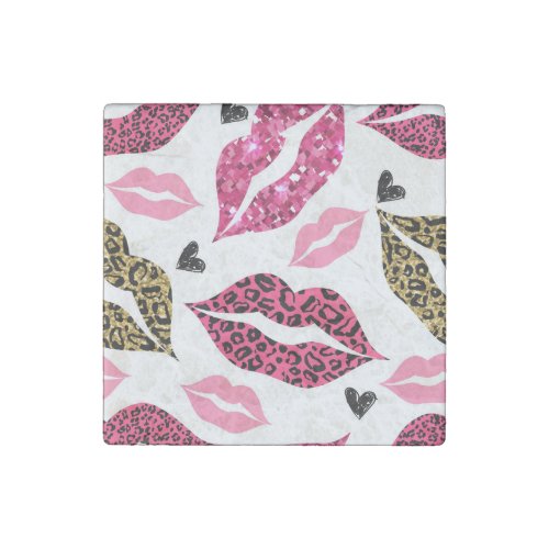 Glittering Lips Leopard Fashion Pattern Stone Magnet