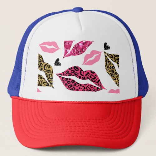 Glittering Lips Leopard Fashion Pattern Trucker Hat
