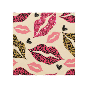 Glittering Lips: Leopard Fashion Pattern Wood Wall Art