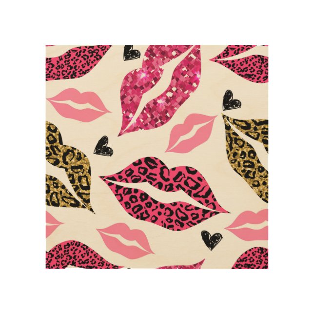 Glittering Lips: Leopard Fashion Pattern Wood Wall Art (Front)
