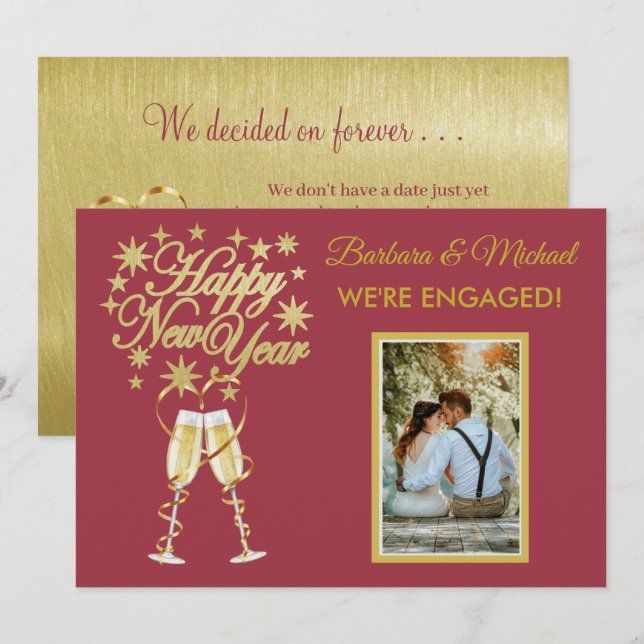 Glittering New Years Engagement Gold Red Announce Invitation (Front/Back)