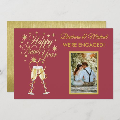 Glittering New Years Engagement Gold Red Announce Invitation