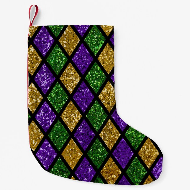 Glittering paillettes diamonds, festive background small christmas stocking (Front)
